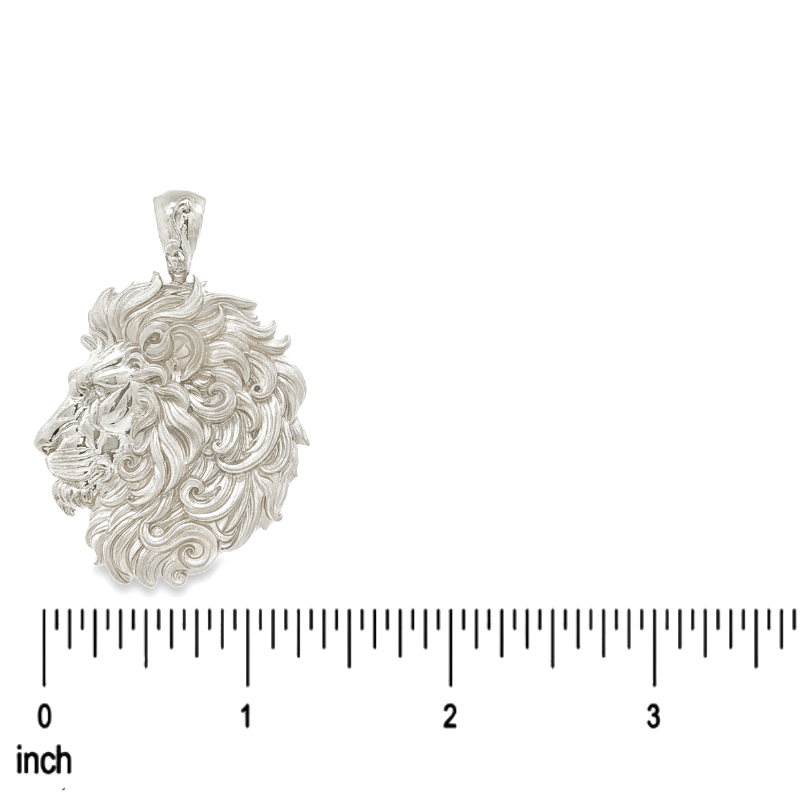 Intricately detailed silver lion head pendant with flowing mane, elegant and masculine design.