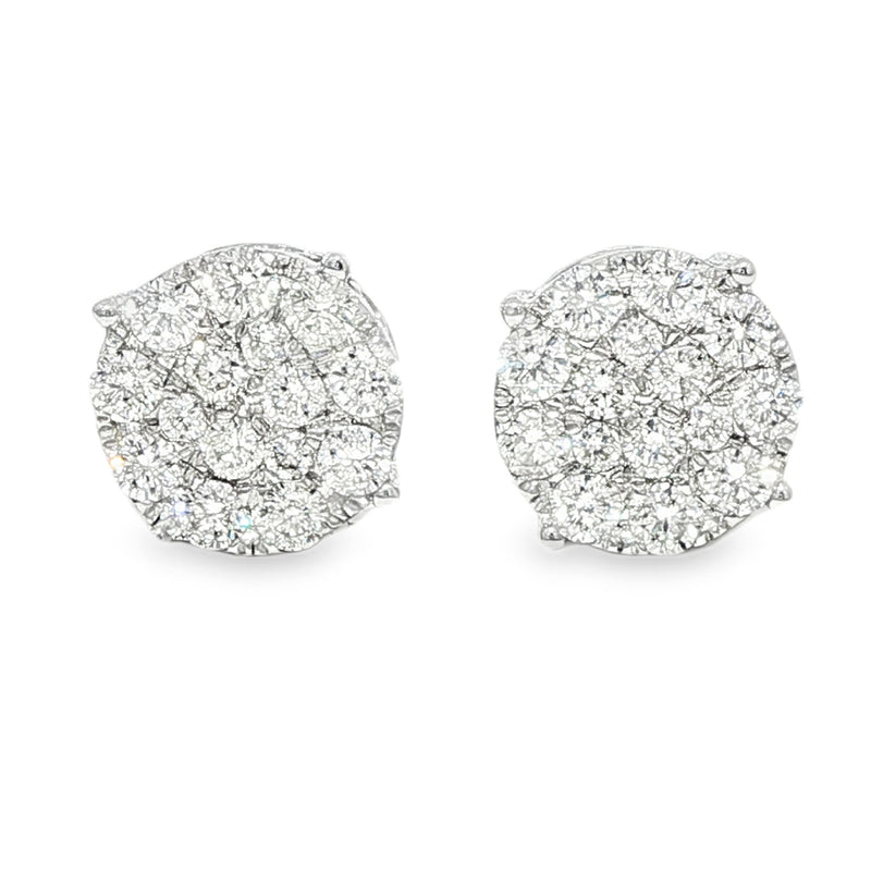 Yellow gold round cluster diamond stud earrings with multiple sparkling stones.