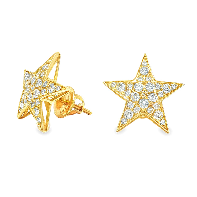 Yellow gold star-shaped cluster diamond stud earrings with bright white diamonds.