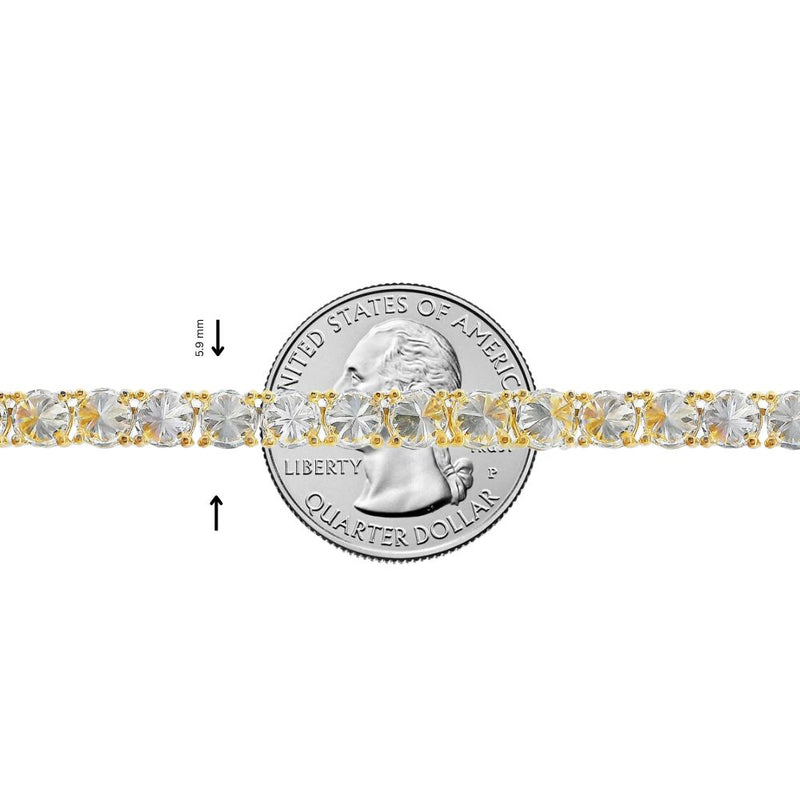 22-inch yellow gold tennis chain with upside down 75 pointer diamonds.