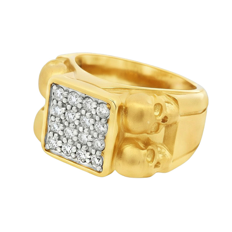 Yellow gold men's ring with double skull design and square diamond cluster center.