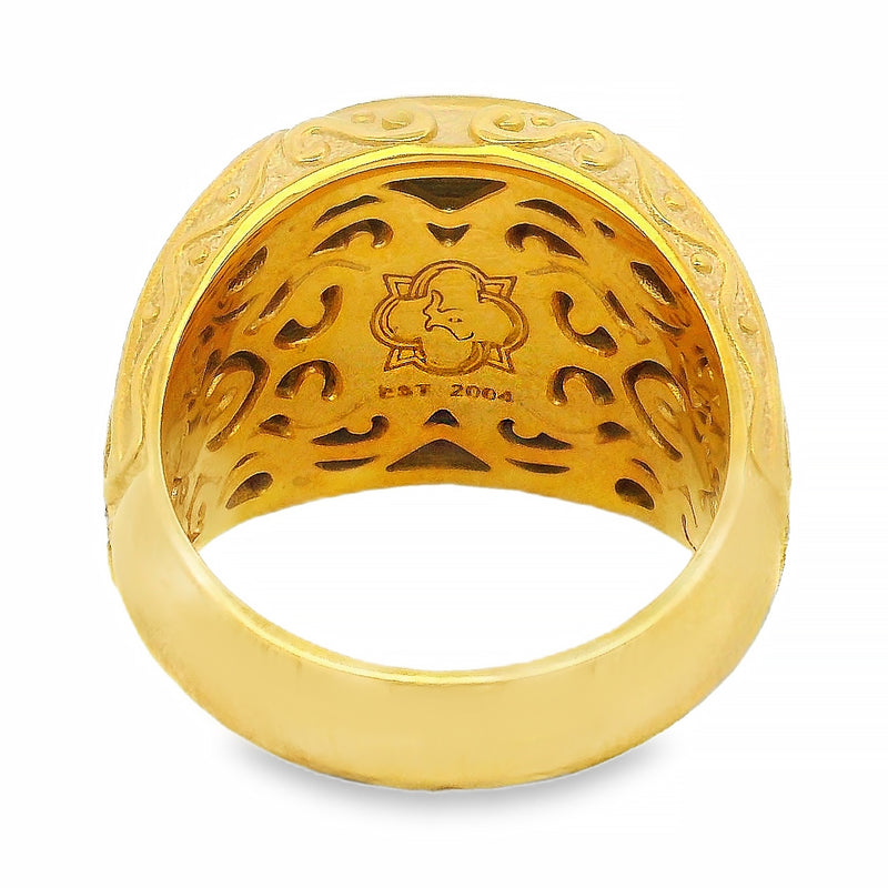 Yellow gold men's ring with diamond filigree and clustered round diamonds centerpiece.