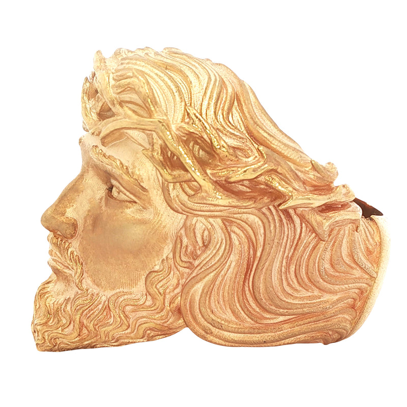 Yellow gold Jesus face ring with detailed crown of thorns and beard design.