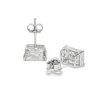 Pair of radiant cut diamond stud earrings with four-prong white gold setting, brilliant facets