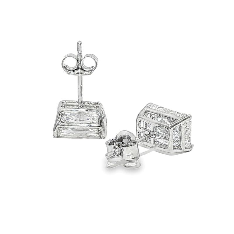 Pair of radiant cut diamond stud earrings with four-prong white gold setting, brilliant facets
