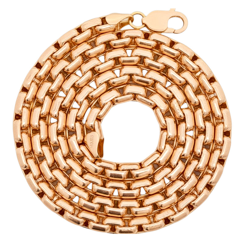 14K rose gold solid round box link chain, 6.4mm thickness, polished finish.