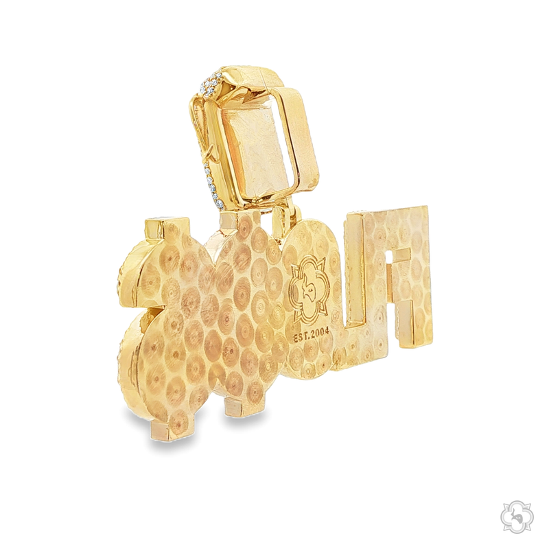 Yellow gold iced-out "FLOSS" custom name pendant with diamond accents, men's jewelry accessory.