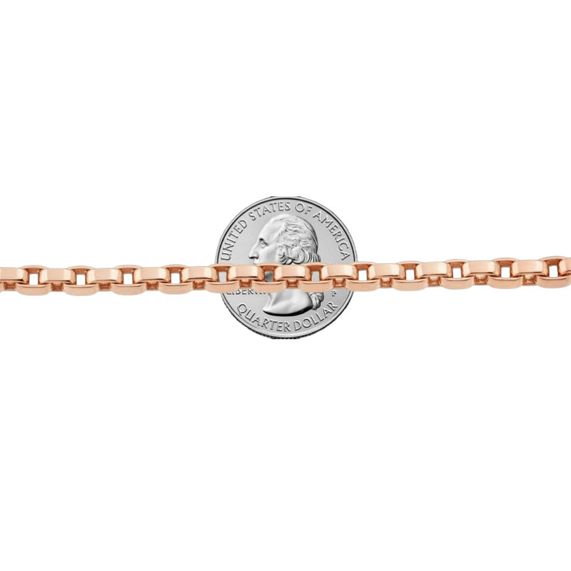 14K rose gold solid round box link chain necklace 24.95 inches, 5.5mm thickness.