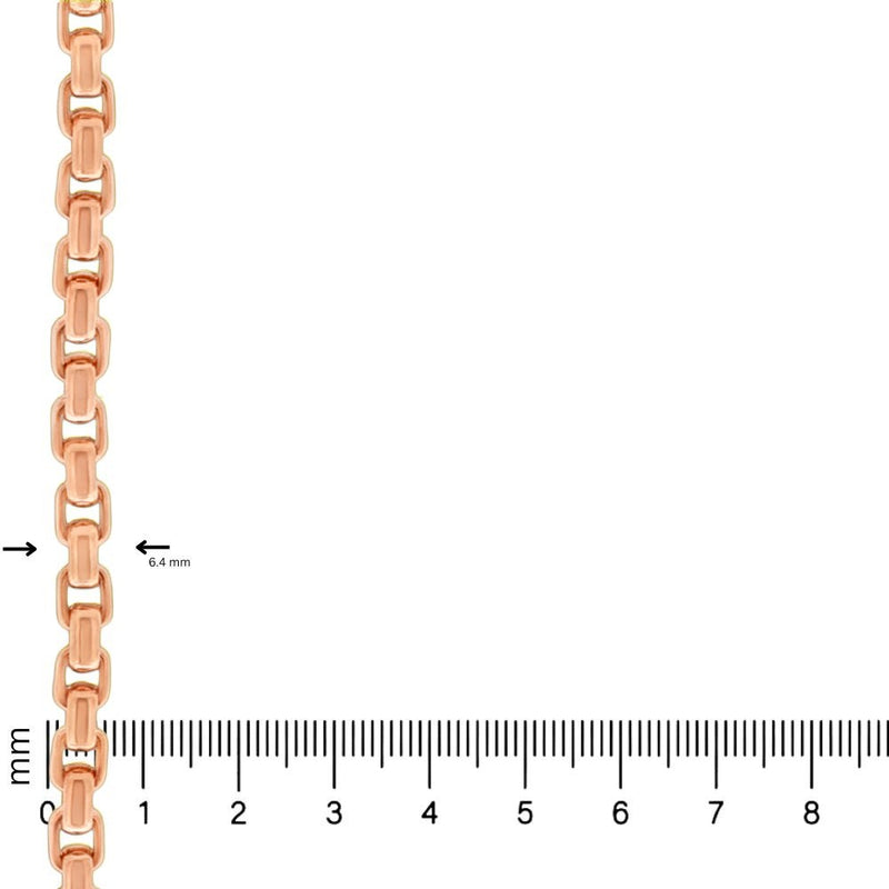 14K rose gold solid round box link chain, 6.4mm thickness, polished finish.