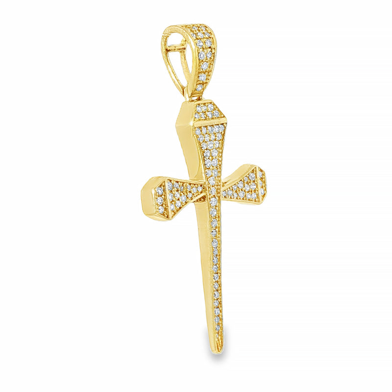 10K Gold Micro Pave Diamond Small Nail Cross Pendant 63616