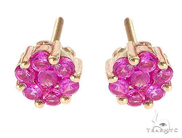 14K Yellow Gold Pink Corundum Flower Stud Earrings, photo 1 of 6