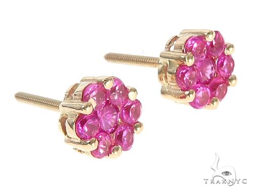 14K Yellow Gold Pink Corundum Flower Stud Earrings, photo 2 of 6