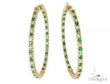 14K Yellow Gold Emerald & Diamond Hoops Earrings, photo 1 of 6