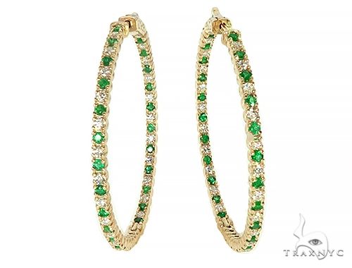 14K Yellow Gold Emerald & Diamond Hoops Earrings, photo 1 of 6
