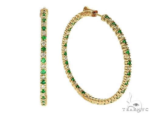 14K Yellow Gold Emerald & Diamond Hoops Earrings, photo 3 of 6