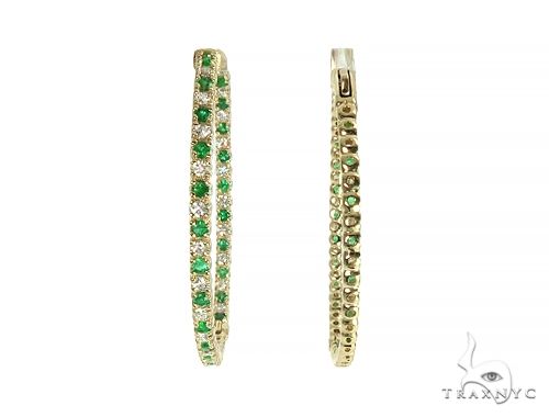 14K Yellow Gold Emerald & Diamond Hoops Earrings, photo 5 of 6