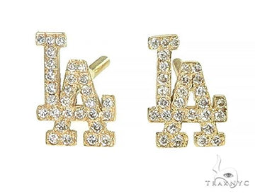 14K yellow gold LA Dodgers cluster earrings with clear sparkling stones.