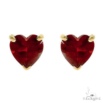 14K yellow gold earrings with deep red heart-shaped garnet gemstones.