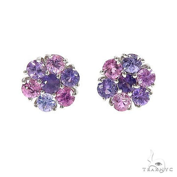 Cluster flower earrings with lavender, violet, and pink mystic sapphires in a radiant floral setting — front view