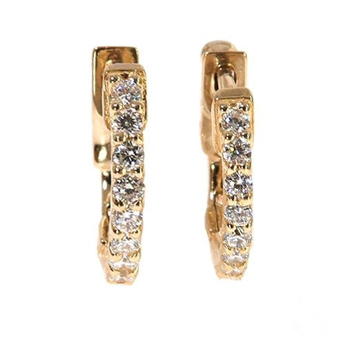 14K yellow gold diamond hoop earrings with diamonds set along the outer face, shown at a slight angle