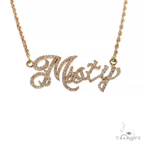 Custom diamond name necklace with prong-set stones spelling a name, white metal finish, front view