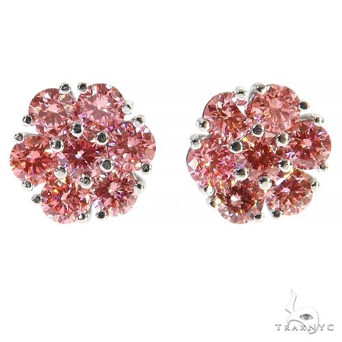Pink diamond flower cluster earrings in white metal – petal-style lab diamond setting, front view