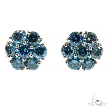 Blue lab diamond flower cluster earrings with petal-shaped stone arrangement, front view