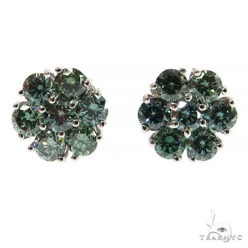 Green lab diamond flower cluster earrings, top-down view showing petal arrangement and center stone