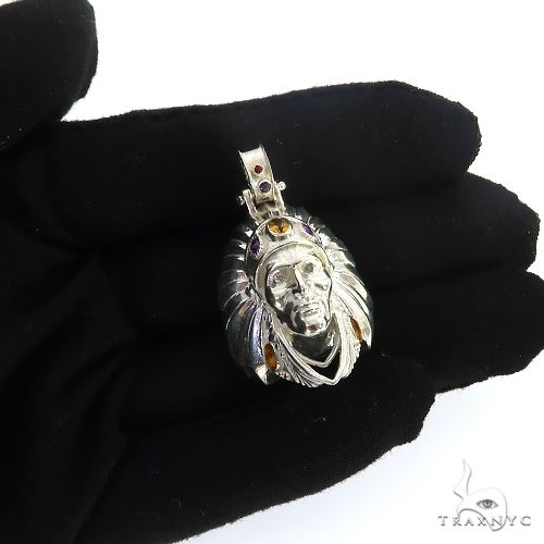 .925 Silver Tribal Indian Head Pendant 68967 - Image 7