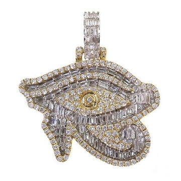 Baguette diamond evil eye pendant in yellow gold – front-facing view showing channel-set baguette stones in evil eye motif