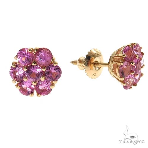 Gold cluster earrings with large pink cherry blossom-shaped gemstones