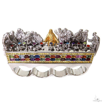 Silver four-finger ring with Last Supper figures and multicolored gemstones band.