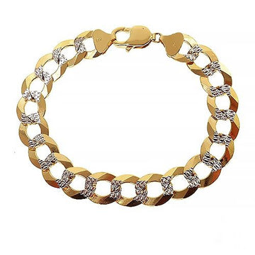 10k two-tone curb link bracelet in yellow and white gold, 9.5mm width, flat lay close-up