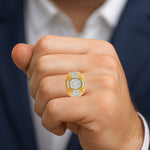 Yellow gold men's ring with diamond filigree and clustered round diamonds centerpiece.