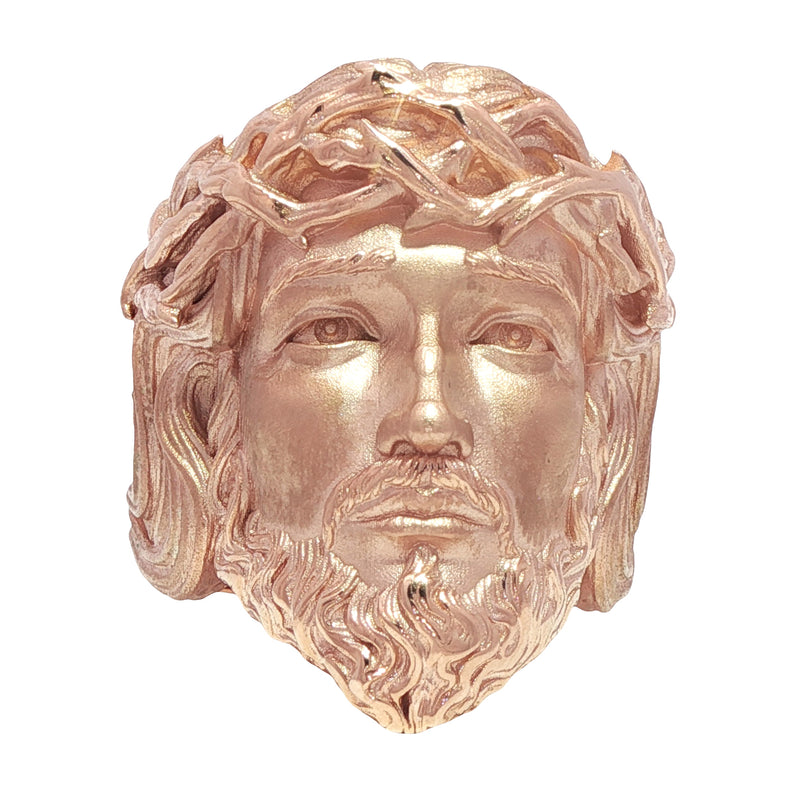 Yellow gold Jesus face ring with detailed crown of thorns and beard design.