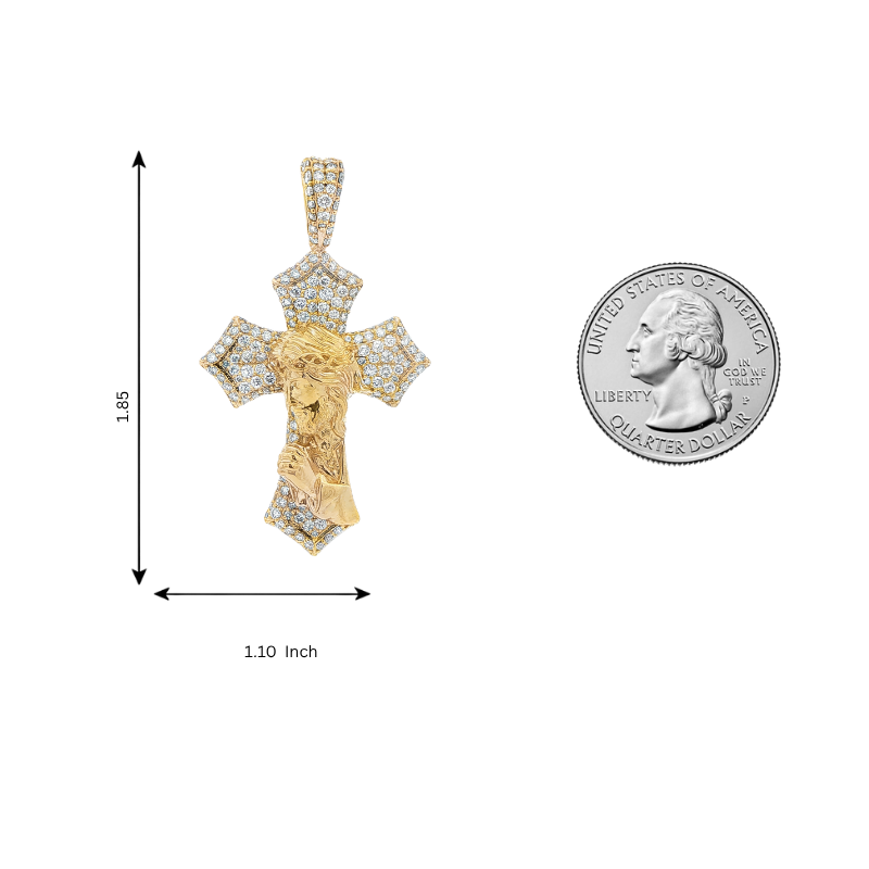 Gold Jesus figure on a diamond-encrusted cross pendant with a 1.35x1.3 inch size.
