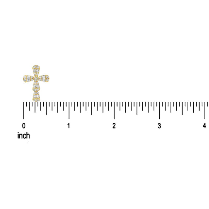 Yellow gold baguette and round diamond cross pendant with intricate gemstone detailing.