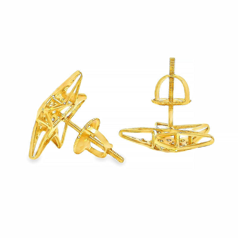 Yellow gold star-shaped cluster diamond stud earrings with bright white diamonds.