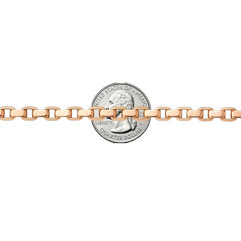14K rose gold solid round box link chain, 6.4mm thickness, polished finish.