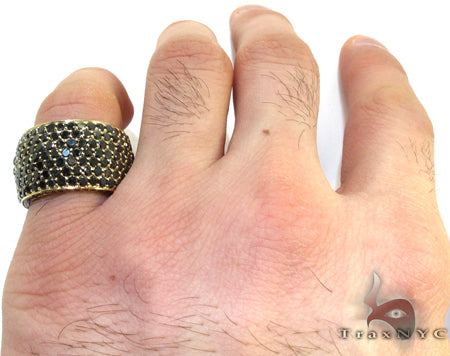 7-row black diamond men's ring with yellow gold band, size 6.5