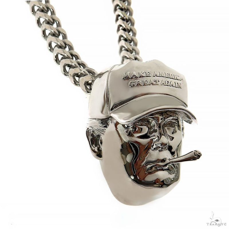 Silver mini Donald Trump pendant with engraved cap and Franco chain necklace