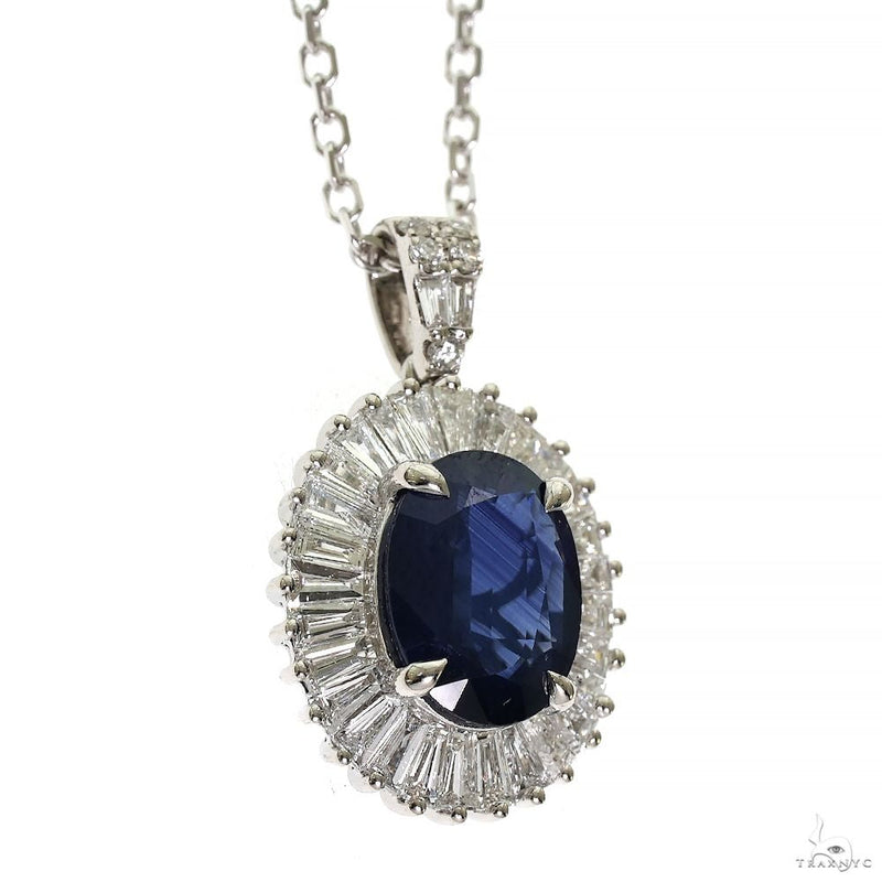 White gold necklace with oval blue sapphire and baguette diamond halo pendant