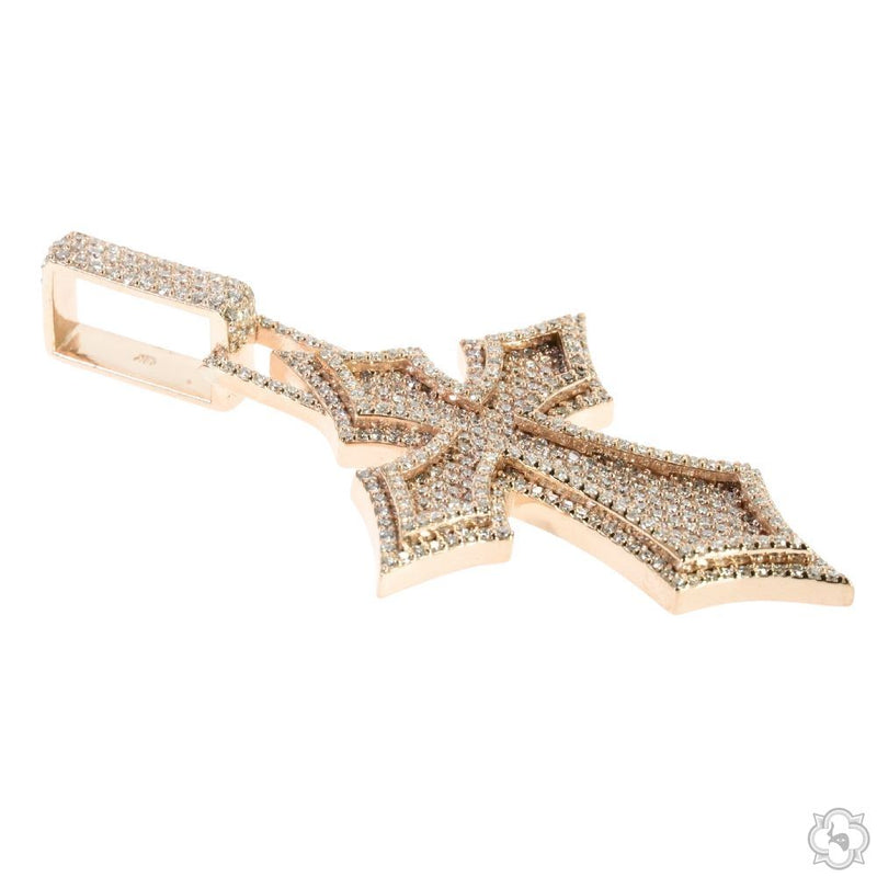 Rose gold diamond cross pendant with intricate pavé setting and polished edges