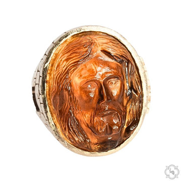 Mens citrine Jesus head ring – carved gemstone face centerpiece on metal band, front angle