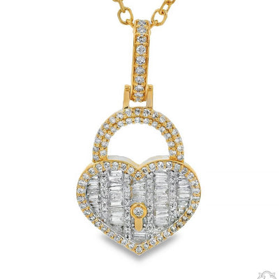 Yellow gold heart-shaped diamond lock pendant necklace with keyhole detail on chain.