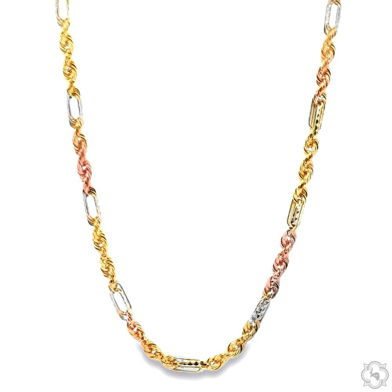 14K three tone gold Figaro link chain, 20 inches, 3mm, mixed yellow, white, and rose gold links