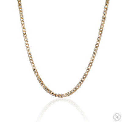 14K yellow gold 2.5mm solid Franco chain necklace with pineapple clasp, polished finish.