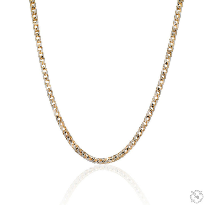 14K yellow gold 2.5mm solid Franco chain necklace with pineapple clasp, polished finish.