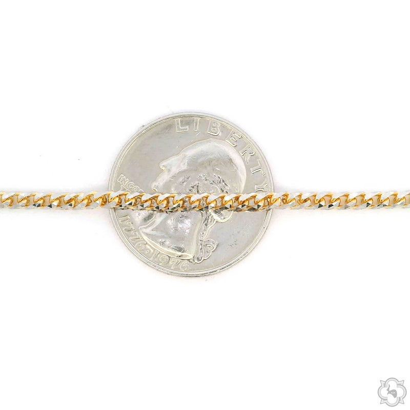 14K solid gold 2.5mm Franco chain with tightly woven flat links next to a dime for scale.