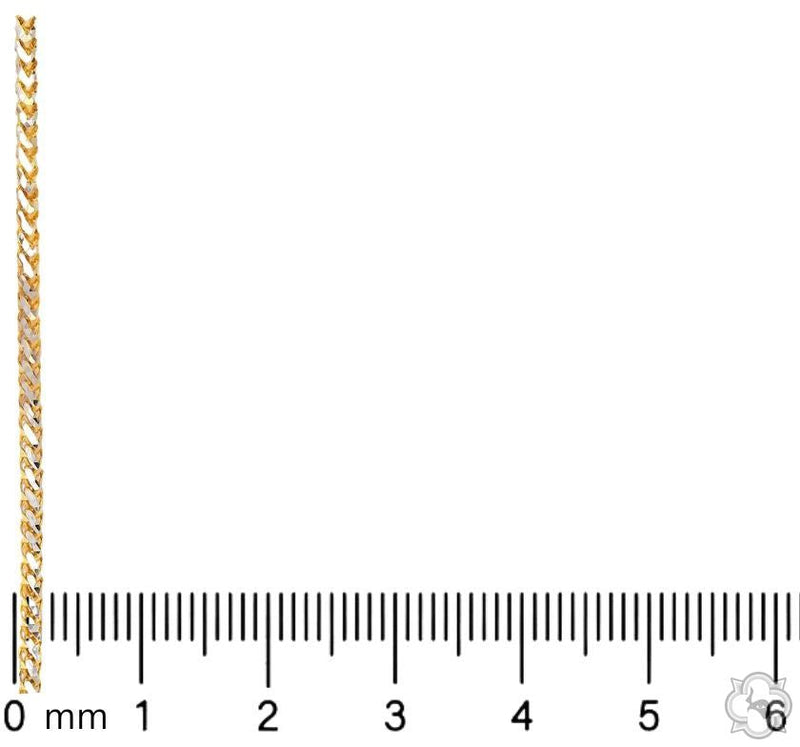 14K gold Franco chain with tight, flat links, 2.5mm thickness shown next to ruler.